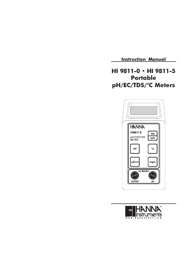 Hanna Instruments HI 9811-0/9811-5 Portable pH/EC/TDS/°C Meters Instruction Manual - cover page