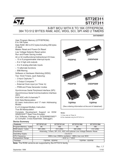 ST ST72E311 ST72T311 8-BIT MCU WITH 8 TO 16K OTP/EPROM 384 TO 512 BYTES RAM ADC WDG SCI SPI AND 2 TIMERShandbook