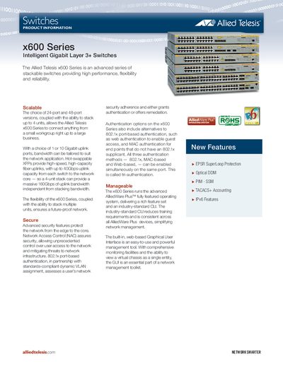 Allied Telesis x600 Series Intelligent Gigabit Layer 3+ Switches Product Information - cover page