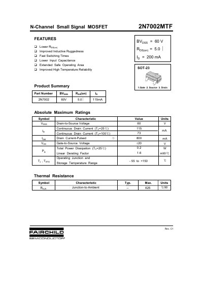 Fairchild Semiconductor 2N7002MTF N-Channel Small Signal MOSFET Datasheet - cover page