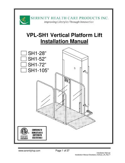 Serenity Health Care Products VPL-SH1 Installation Manual