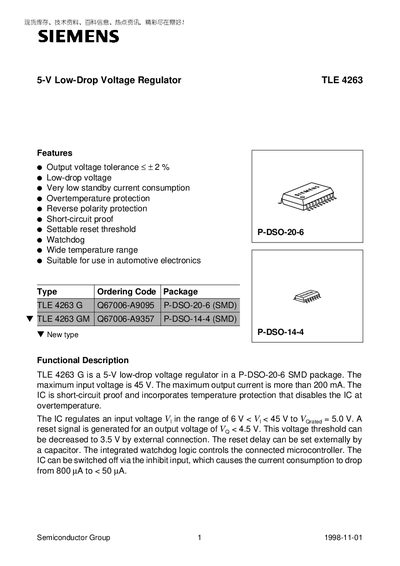 Siemens TLE 4263 5‑V Low‑Drop Voltage Regulator Datasheet - cover page