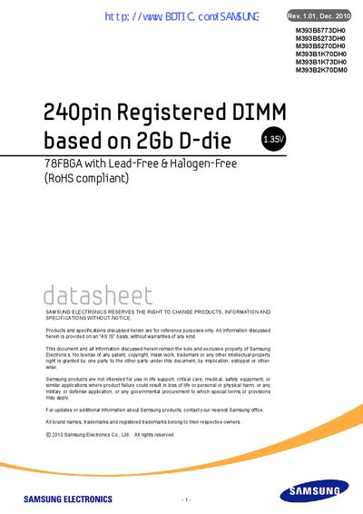 Samsung M393B5773DH0 DDR3L Registered DIMM Datasheet