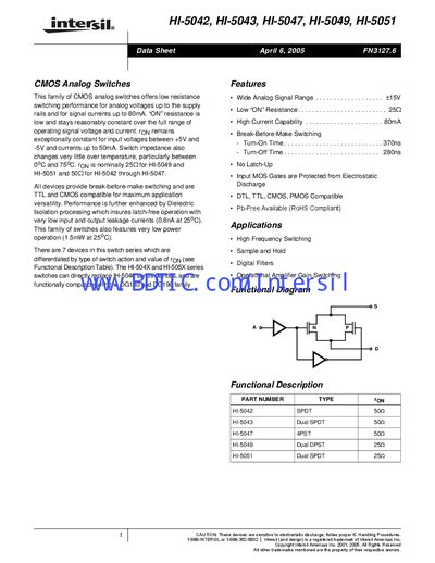 Intersil HI-5042/HI-5043/HI-5047/HI-5049/HI-5051 Datasheet - cover page