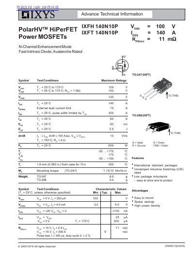 IXYS IXFH 140N10P Power MOSFET Datasheet - cover page