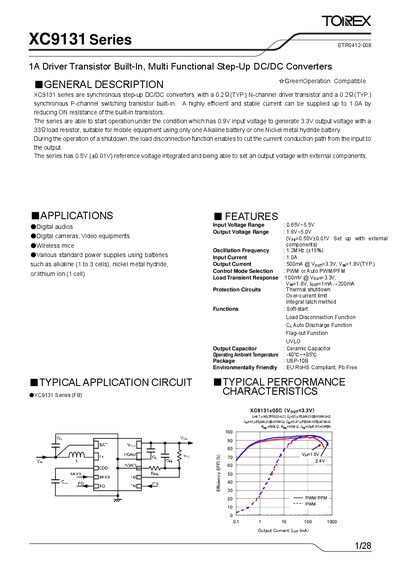 Torex XC9131 Series 1A Driver Transistor Built-In Multi-Functional Step-Up DC/DC Converter Datasheet - cover page