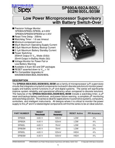 Sipex SP690A/692A/802L/802M/805L/805M Low Power Microprocessor Supervisory Datasheet - cover page