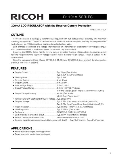 Ricoh R1191x Series 300mA LDO Regulator Datasheet - cover page