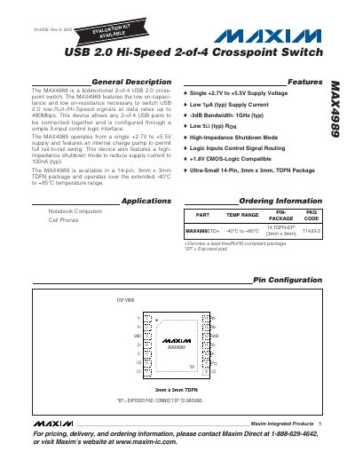 Maxim MAX4989 USB 2.0 2‑of‑4 Crosspoint Switch Datasheet - cover page