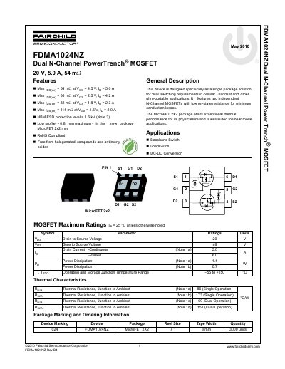 Fairchild Semiconductor FDMA1024NZ Dual N-Channel PowerTrench MOSFET Datasheet - cover page