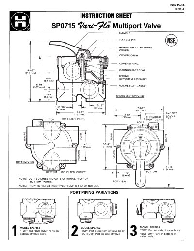 Hayward SP0715 Vari-Flo Multiport Valve Instruction Sheet - cover page