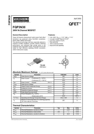 Fairchild Semiconductor FQP3N30 300V N-Channel MOSFET Datasheet - cover page