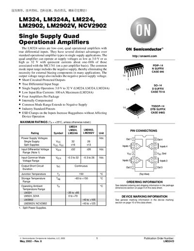 ON Semiconductor LM324 LM324A LM224 LM2902 LM2902V NCV2902 Single Supply Quad Operational Amplifiers - cover page