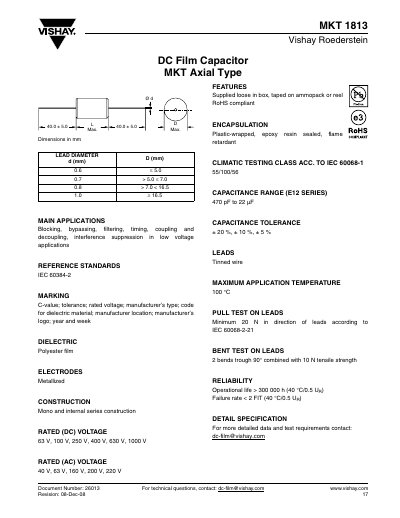 Vishay MKT 1813 DC Film Capacitor Datasheet - cover page
