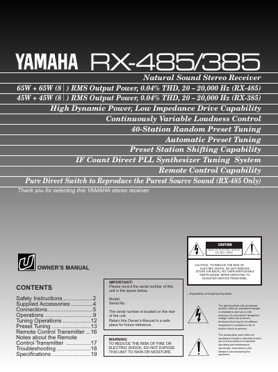 Yamaha RX-485/RX-385 Stereo Receiver Owner's Manual - cover page