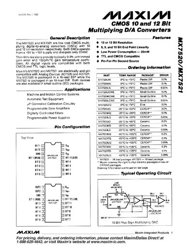 Maxim MX7520/MX7521 10/12‑Bit Multiplying DAC Datasheet - cover page