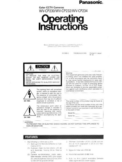 Panasonic WV-CP230/WV-CP232/WV-CP234 CCTV Cameras Manual - cover page