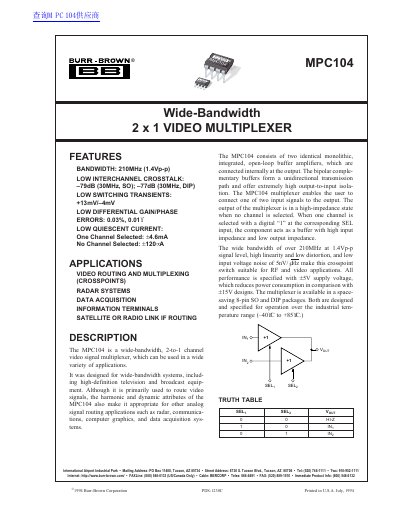 Burr-Brown MPC104 Wide-Bandwidth 2x1 Video Multiplexer Datasheet - cover page