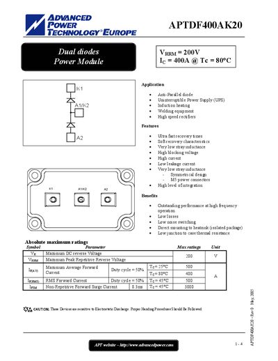 Advanced Power Technology Europe APTDF400AK20 Datasheet - cover page