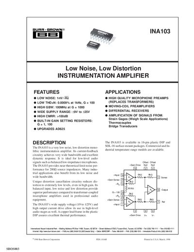 Texas Instruments INA103 Instrumentation Amplifier Datasheet - cover page