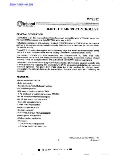 Winbond W78E52 8-bit OTP Microcontroller Handbook - cover page