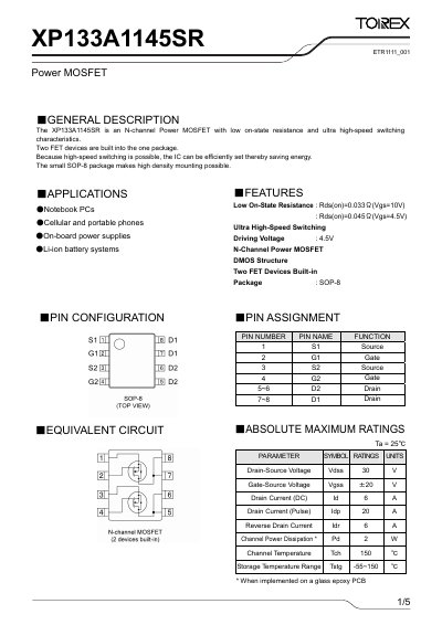 Torex XP133A1145SR Power MOSFET Datasheet - cover page