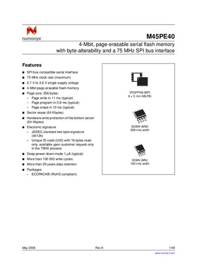 Numonyx M45PE40 Serial Flash Memory Datasheet - cover page