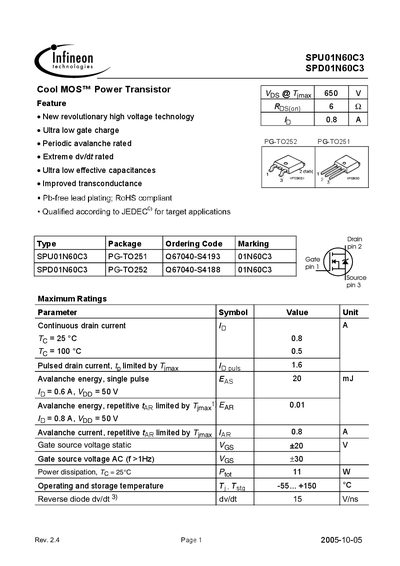 Infineon SPU01N60C3 Power Transistor Datasheet - cover page