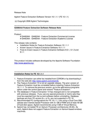 Agilent Feature Extraction Software 10.1.1.1 Release Notes - cover page