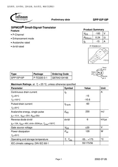 Infineon SPP15P10P Datasheet
