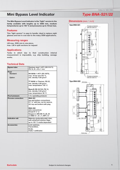 Barksdale BNA-S21/22 Mini Bypass Level Indicator Technical Data - cover page