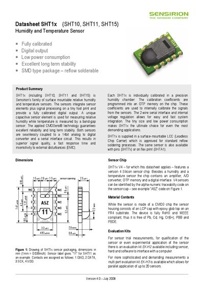 SENSIRION Datasheet SHT1x (SHT10 SHT11 SHT15) Humidity Temperature Sensor - cover page