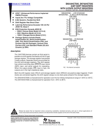 texas instruments SN54AHCT595 SN74AHCT595 8-BIT SHIFT REGISTERS WITH 3-STATE OUTPUT REGISTERS - cover page