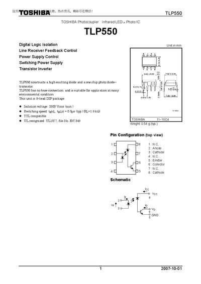 Toshiba TLP550 Photocoupler Datasheet - cover page