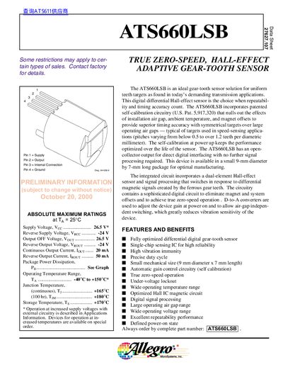 Allegro ATS660LSB True Zero-Speed Hall-Effect Adaptive Gear-Tooth Sensor Data Sheet - cover page