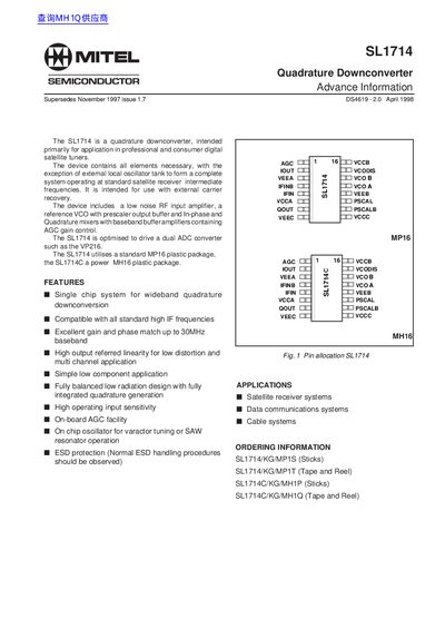 Mitel SL1714 Quadrature Downconverter Datasheet - cover page