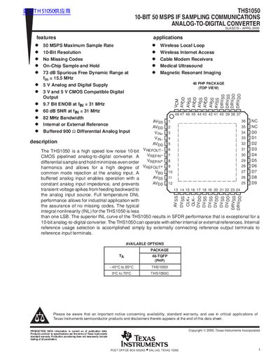 Texas Instruments THS1050 10-Bit 50 MSPS ADC Datasheet - cover page