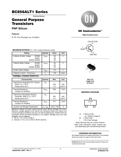 ON Semiconductor BC856ALT1 Series General Purpose Transistor Datasheet - cover page