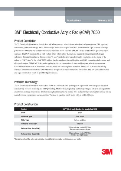 3M 7850 Electrically Conductive Acrylic Pad Technical Data Sheet - cover page