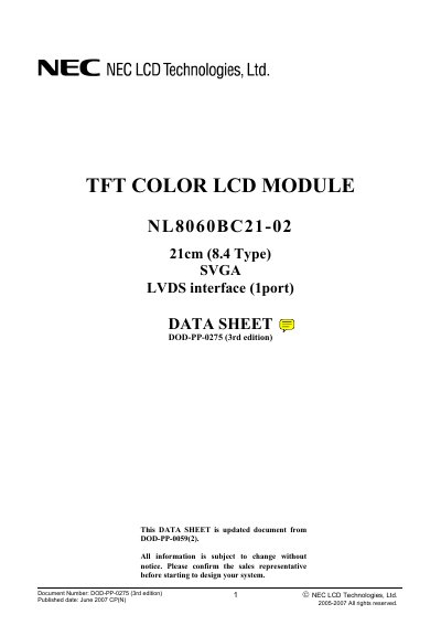 NEC NL8060BC21-02 LCD Module Datasheet - cover page