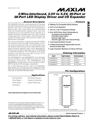 Maxim MAX6956 LED Display Driver and I/O Expander Datasheet - cover page