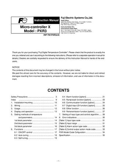 Fuji Electric PXR3 Digital Temperature Controller Instruction Manual - cover page