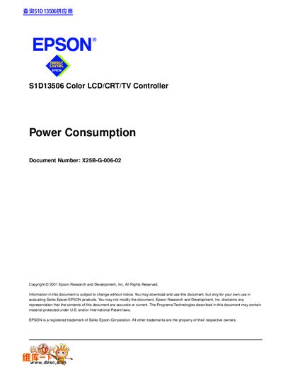 EPSON S1D13506 Color LCD/CRT/TV Controller Power Consumption Document Number: X25B-G-006-02 handbook - cover page