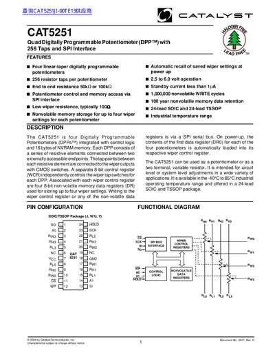 Catalyst CAT5251 Quad Digitally Programmable Potentiometer Datasheet - cover page