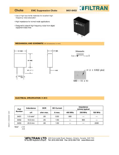 FILTRAN Choke EMC Suppression Choke 8451-8453 Datasheet - cover page