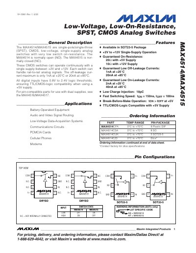 Maxim Integrated MAX4514/MAX4515 Low‑Voltage SPST CMOS Analog Switch Datasheet - cover page