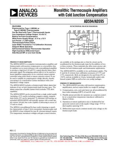 Analog Devices AD594/AD595 Monolithic Thermocouple Amplifiers Specification Sheet - cover page