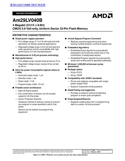 AMD Am29LV040B 4 Megabit (512 K x 8-Bit) CMOS 3.0 Volt-only Uniform Sector 32-Pin Flash Memory - cover page