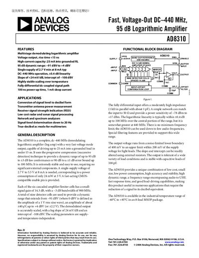 ANALOG DEVICES Fast Voltage-Out DC 440 MHz 95 dB Logarithmic Amplifier AD8310 handbook(1)(1) - cover page