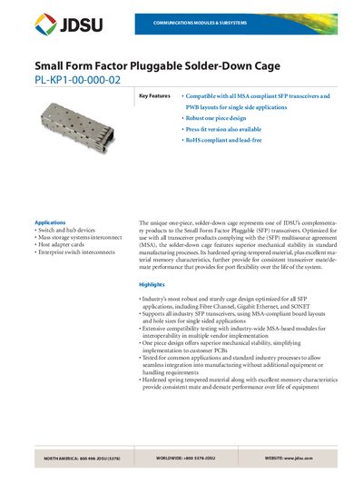 JDSU PL-KP1-00-000-02 SFP Solder-Down Cage Datasheet - cover page